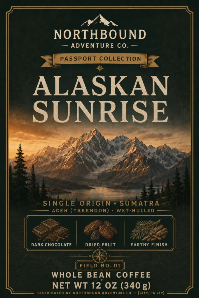 Northbound Adventure Co.'s Alaskan Sunrise coffee packaging features